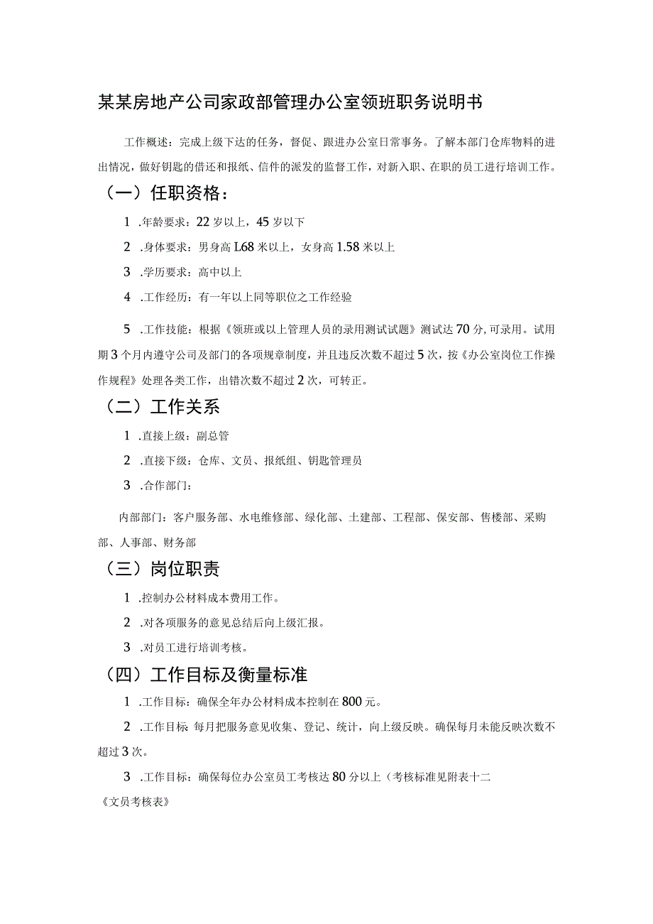 某某房地产公司家政部管理办公室领班职务说明书.docx_第1页