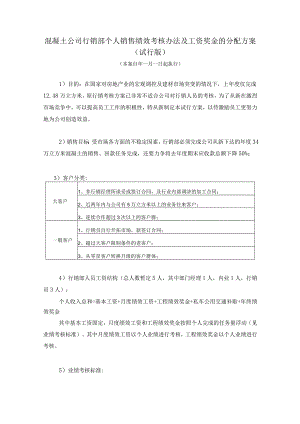 混凝土公司行销部个人销售绩效考核办法及工资奖金的分配方案.docx