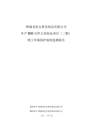 鄄城龙欣宝典发制品有限公司年产800万件人发制品项目二期竣工环境保护验收监测报告.docx