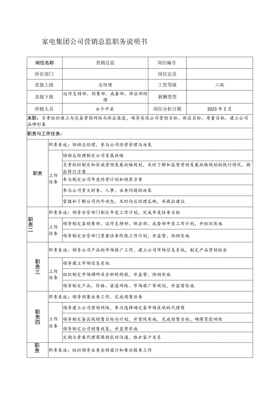 家电集团公司营销总监职务说明书.docx_第1页