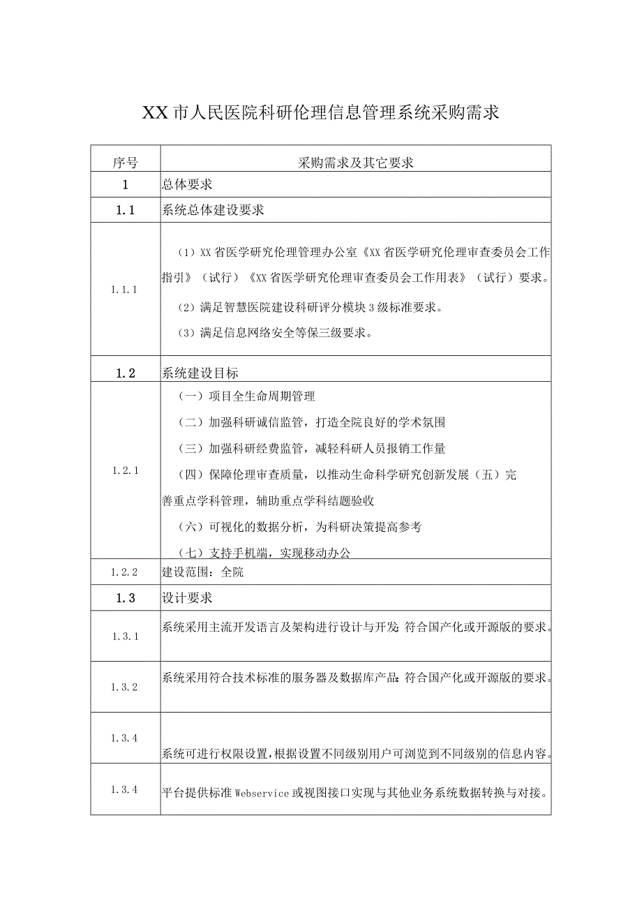 XX市人民医院科研伦理信息管理系统采购需求.docx_第1页