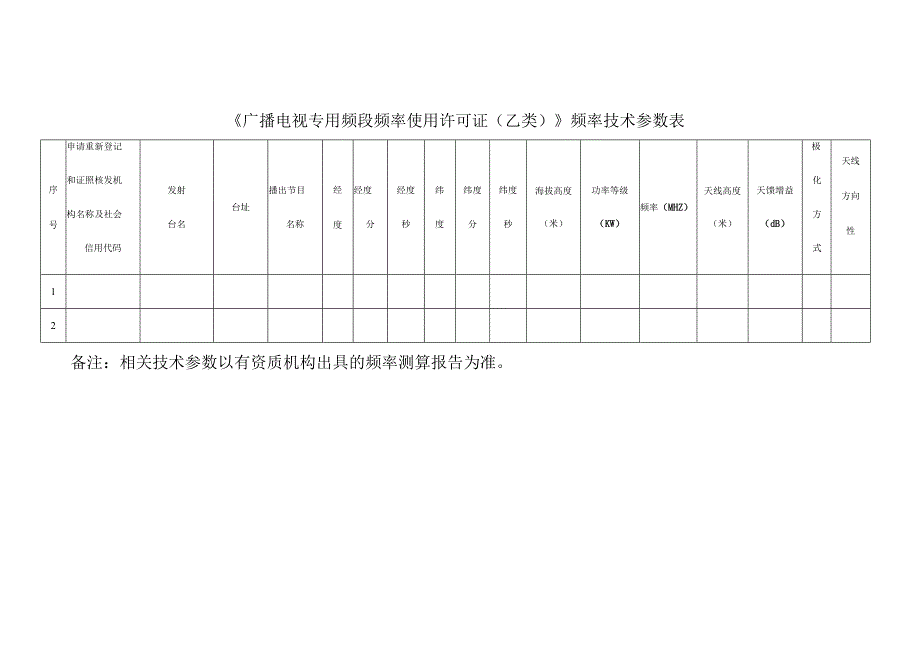 《广播电视专用频段频率使用许可证乙类》频率技术参数表.docx_第1页