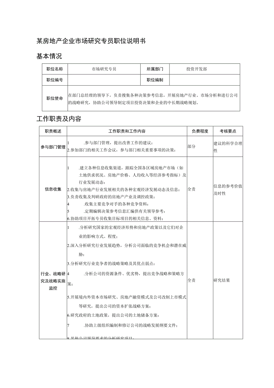 某房地产企业市场研究专员职位说明书.docx_第1页