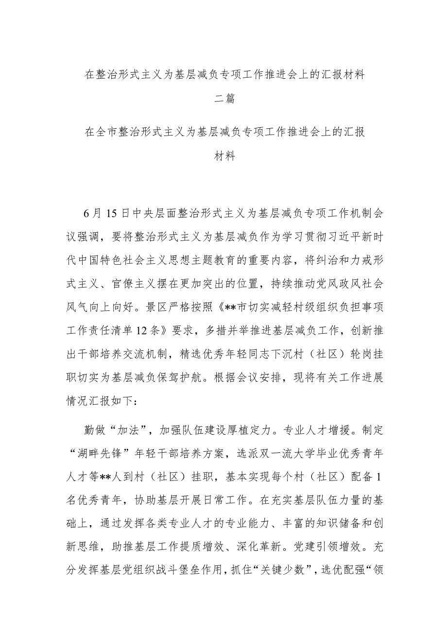 在整治形式主义为基层减负专项工作推进会上的汇报材料二篇.docx_第1页