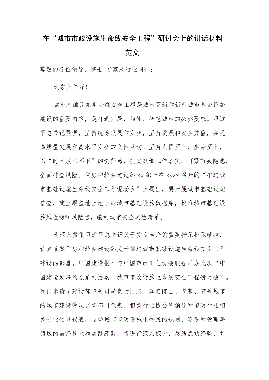 在“城市市政设施生命线安全工程”研讨会上的讲话材料范文.docx_第1页