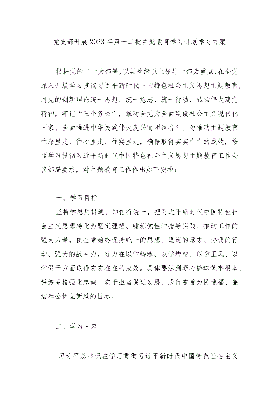 党支部开展2023年第一二批主题教育学习计划学习方案.docx_第1页