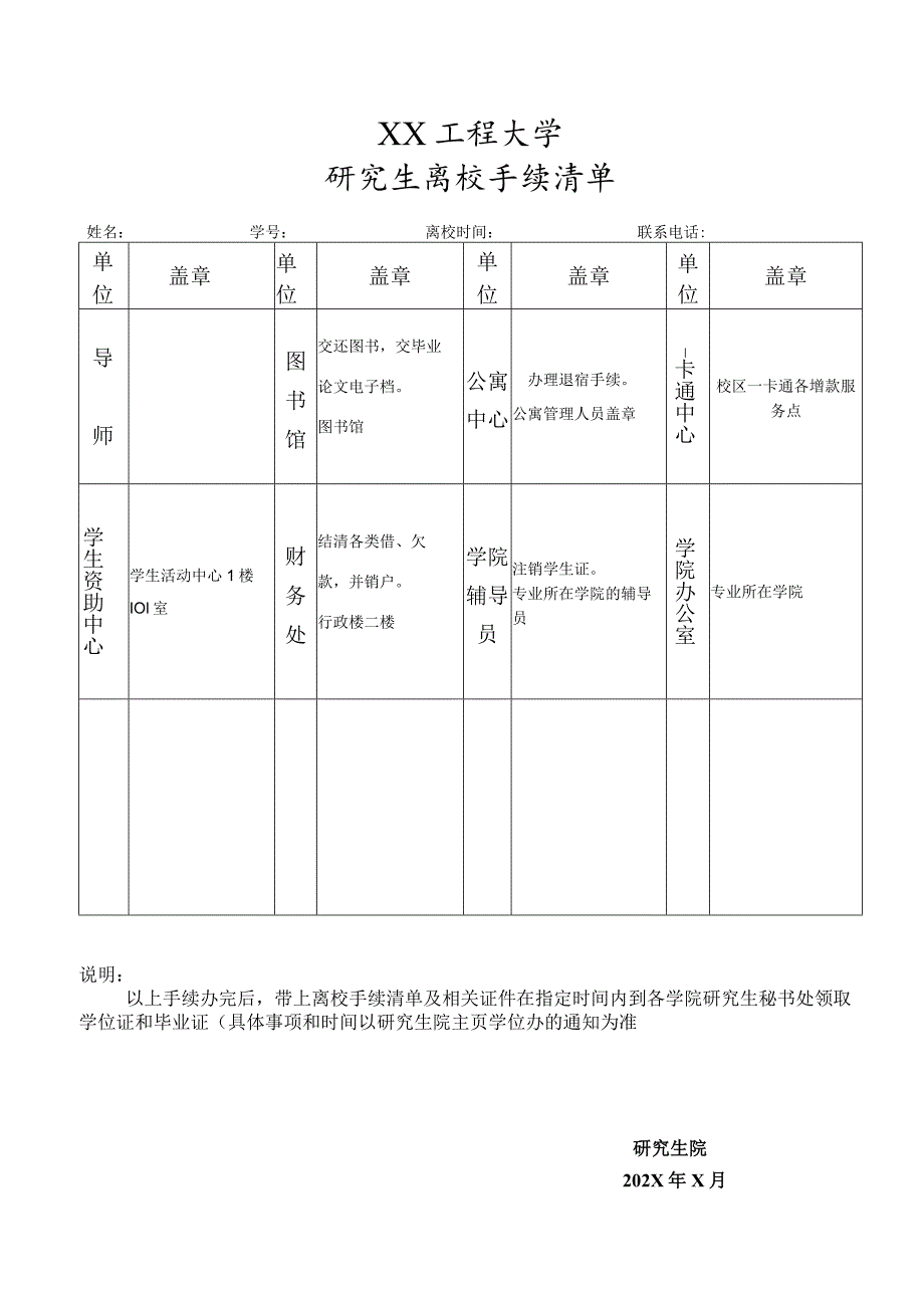 XX工程大学研究生离校手续清单.docx_第1页