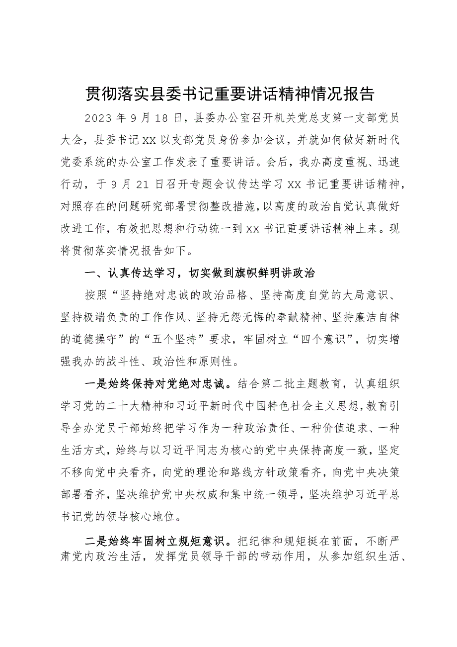 贯彻落实重要讲话精神情况报告.docx_第1页