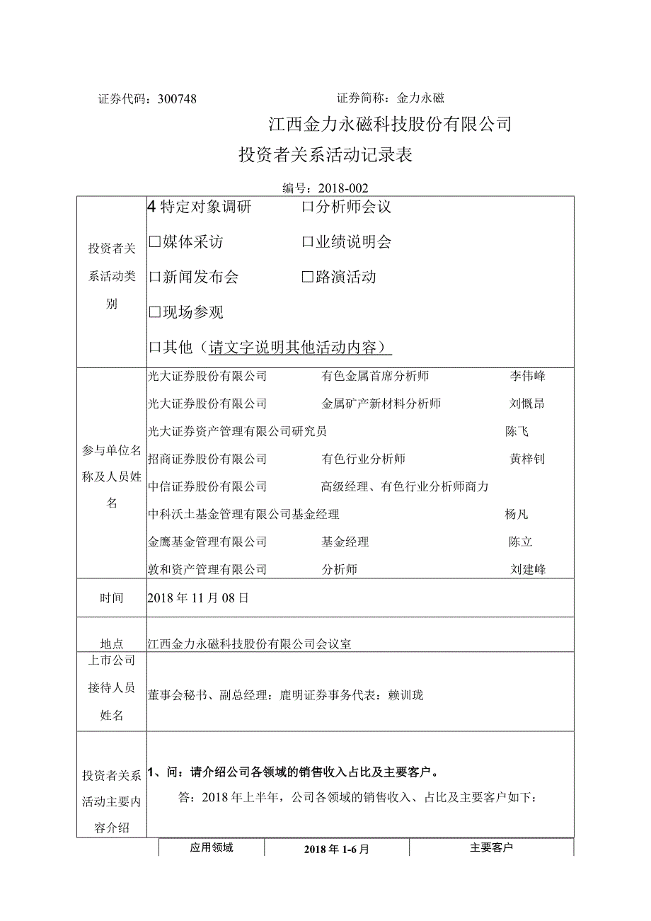 金力永磁江西金力永磁科技股份有限公司投资者关系活动记录表.docx_第1页