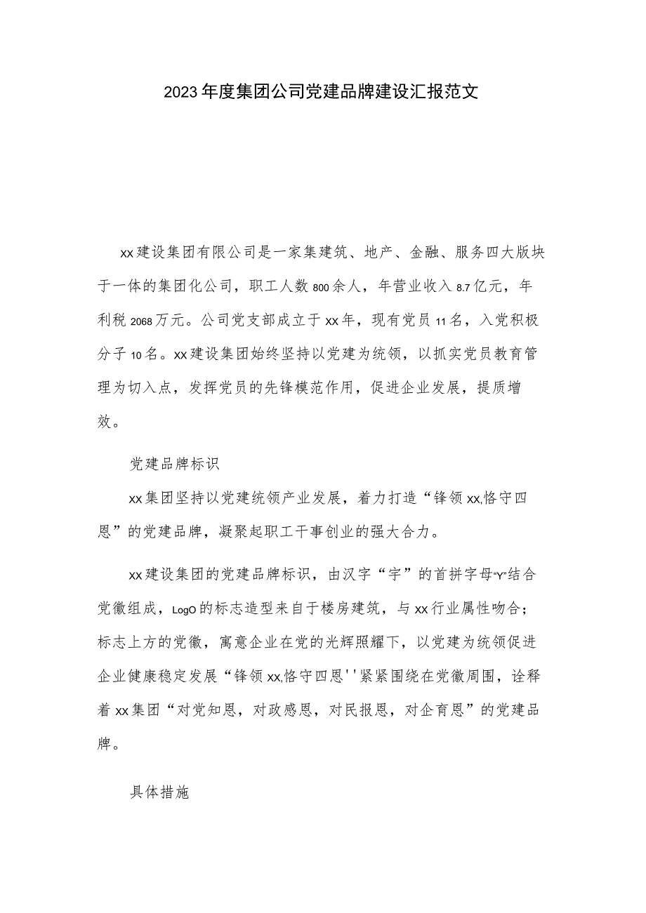 2023年度集团公司党建品牌建设汇报范文.docx_第1页