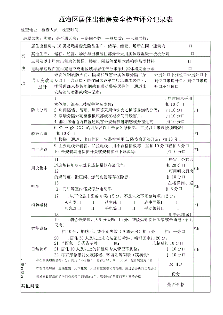 瓯海区居住出租房安全检查评分记录表.docx_第1页