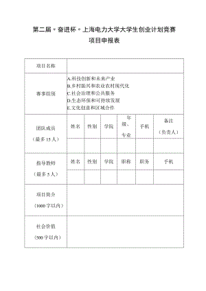 第二届“奋进杯”上海电力大学大学生创业计划竞赛项目申报表.docx