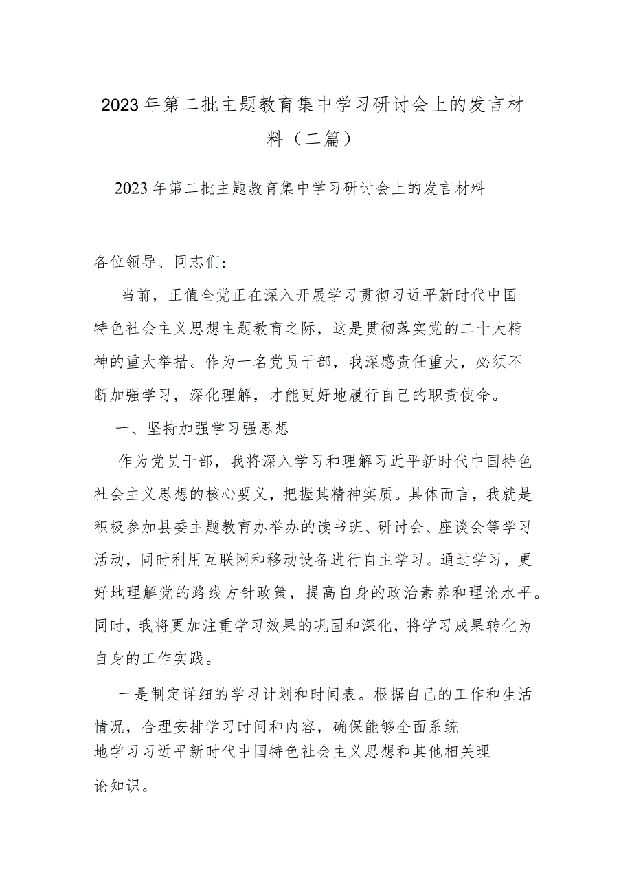 2023年第二批主题教育集中学习研讨会上的发言材料(二篇).docx_第1页