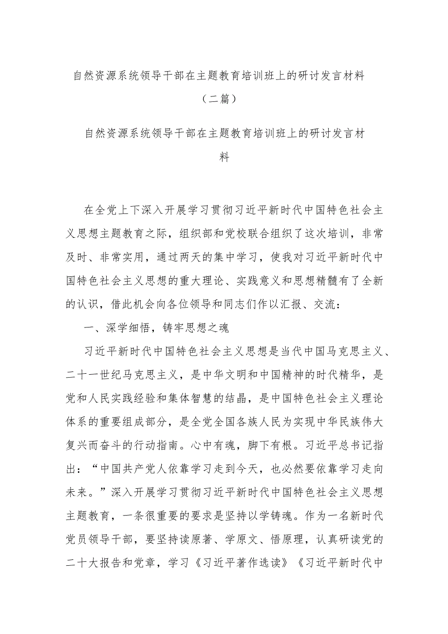 自然资源系统领导干部在主题教育培训班上的研讨发言材料(二篇).docx_第1页