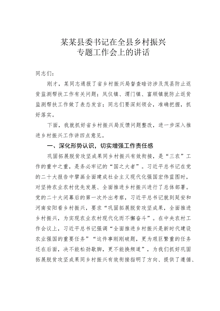 某某县委书记在全县乡村振兴专题工作会上的讲话.docx_第1页