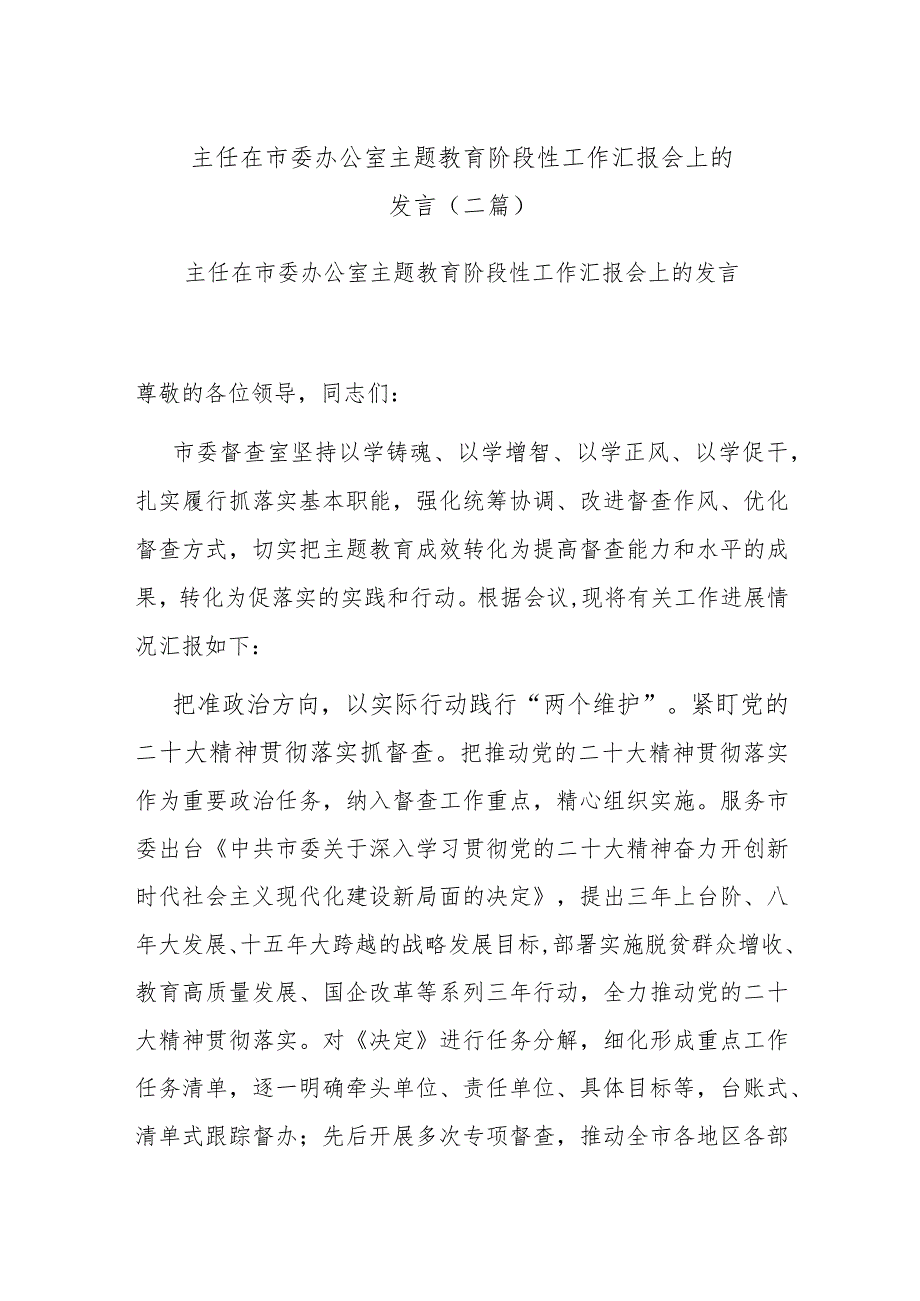 主任在市委办公室主题教育阶段性工作汇报会上的发言(二篇).docx_第1页