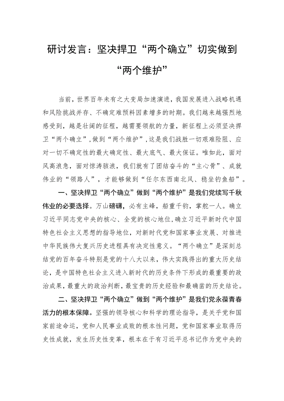 研讨发言：坚决捍卫“两个确立”+切实做到“两个维护”.docx_第1页