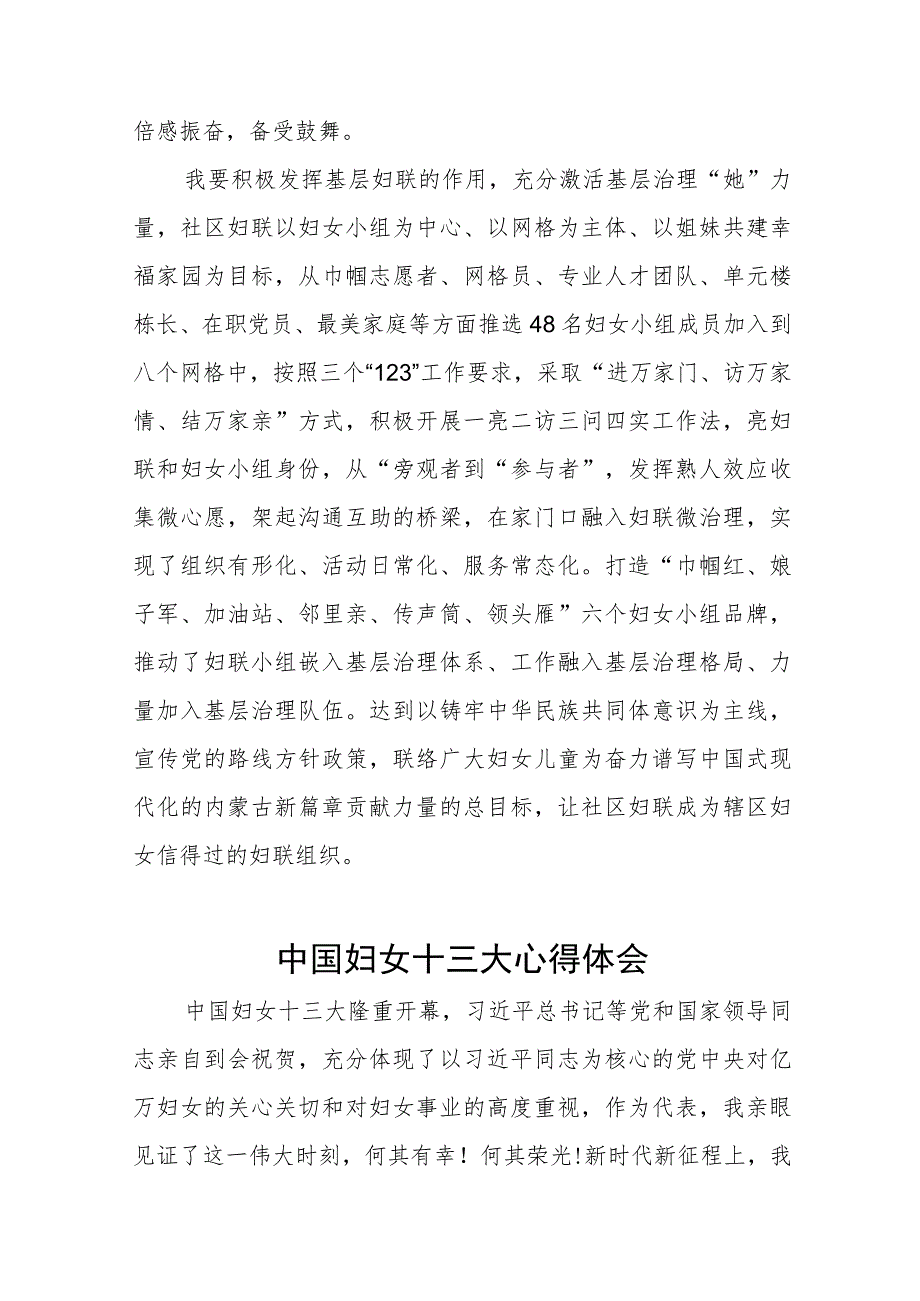 妇联干部学习中国妇女第十三次全国代表大会精神心得体会十篇.docx_第2页