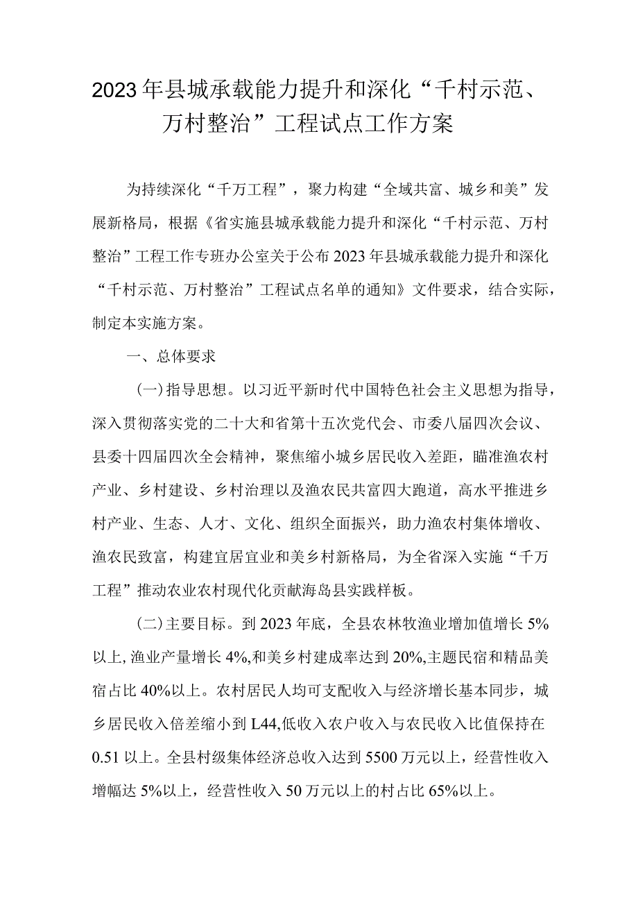 2023年县城承载能力提升和深化“千村示范、万村整治”工程试点工作方案.docx_第1页