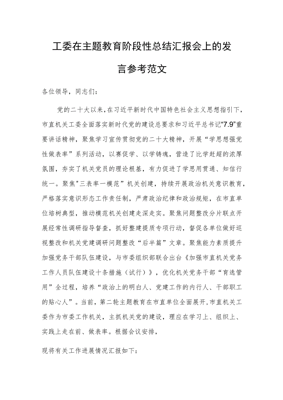 工委在主题教育阶段性总结汇报会上的发言参考范文.docx_第1页