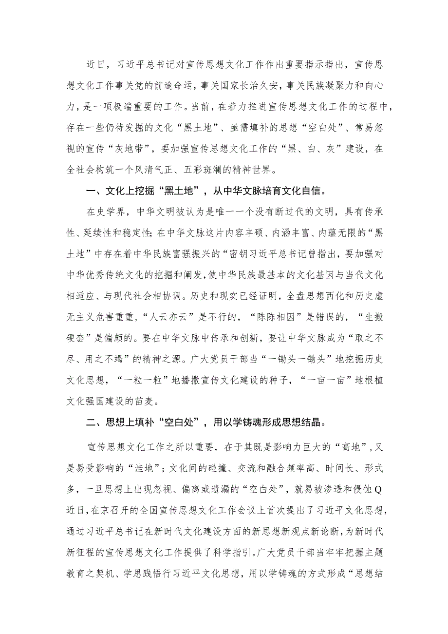 关于对宣传思想文化工作作出重要指示学习心得研讨发言材料精选（参考范文九篇）.docx_第2页