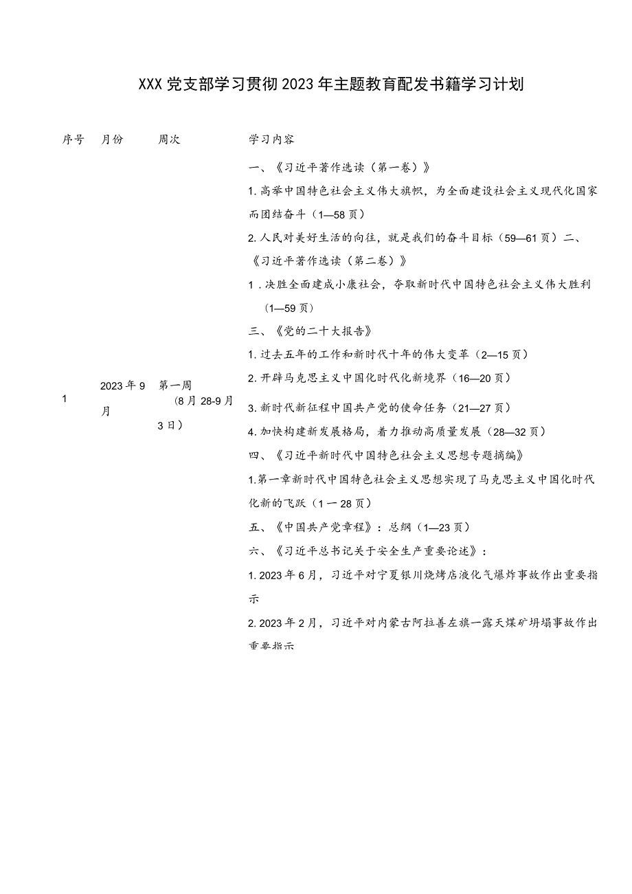 XXX党支部学习贯彻2023年主题教育配发书籍学习计划.docx_第1页