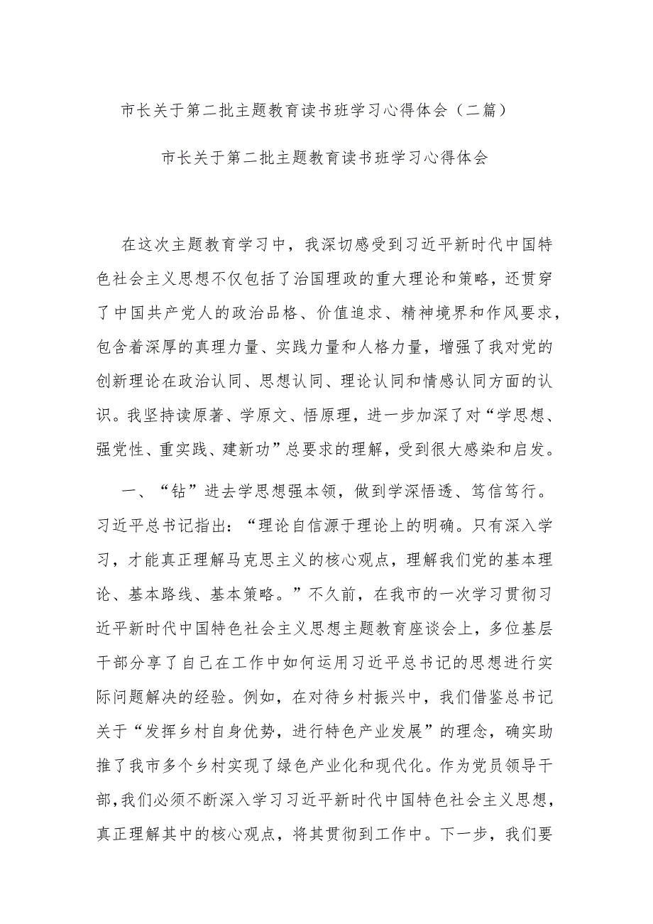 市长关于第二批主题教育读书班学习心得体会(二篇).docx_第1页