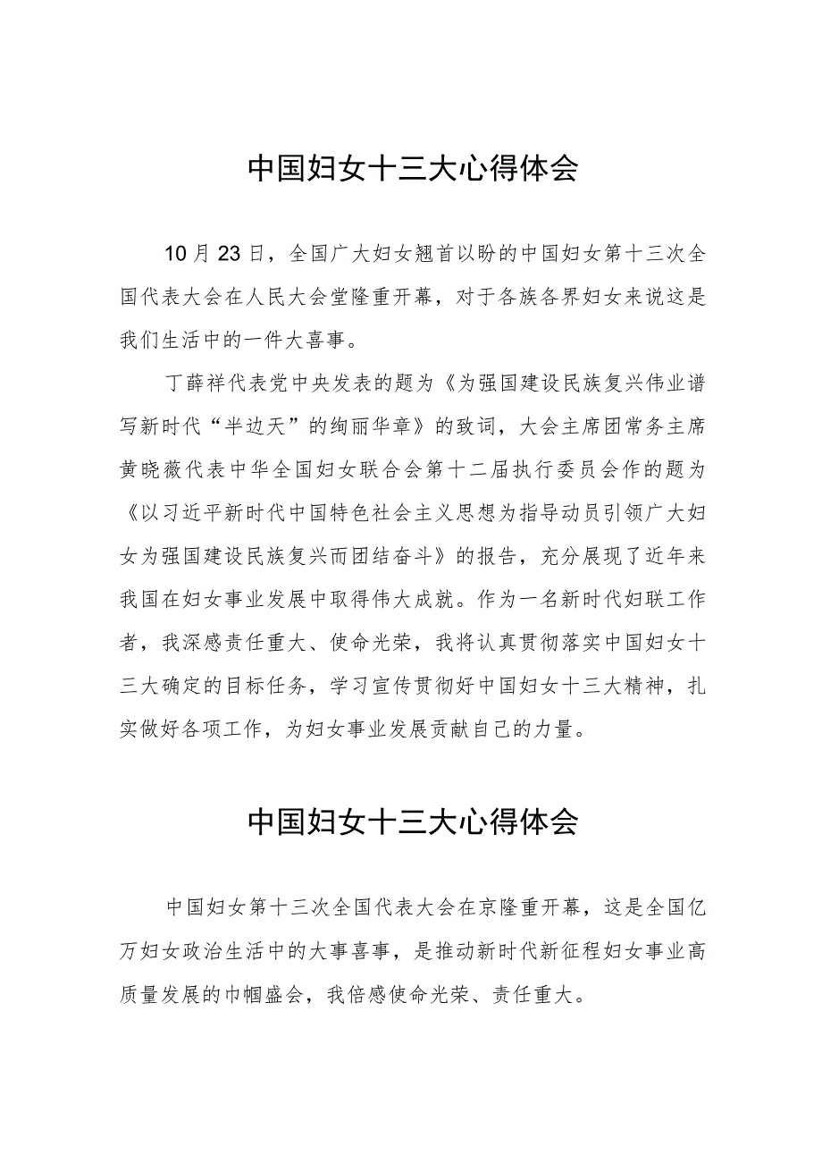 学习中国妇女第十三次全国代表大会精神心得体会二十篇.docx_第1页