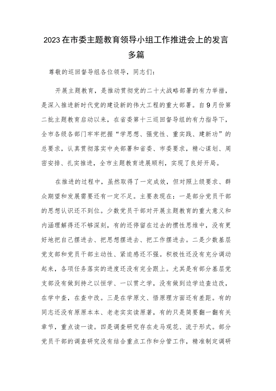 2023在市委主题教育领导小组工作推进会上的发言多篇.docx_第1页