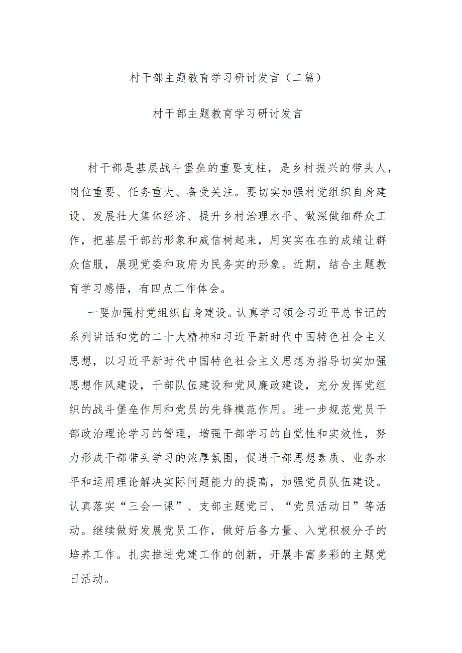 村干部主题教育学习研讨发言(二篇).docx_第1页