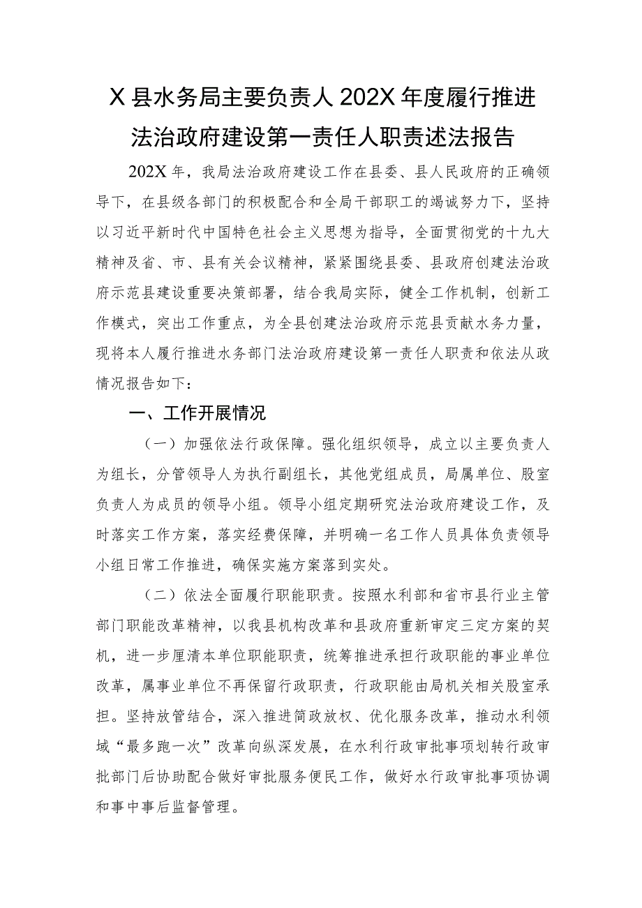 X县水务局主要负责人202X年度履行推进法治政府建设第一责任人职责述法报告.docx_第1页