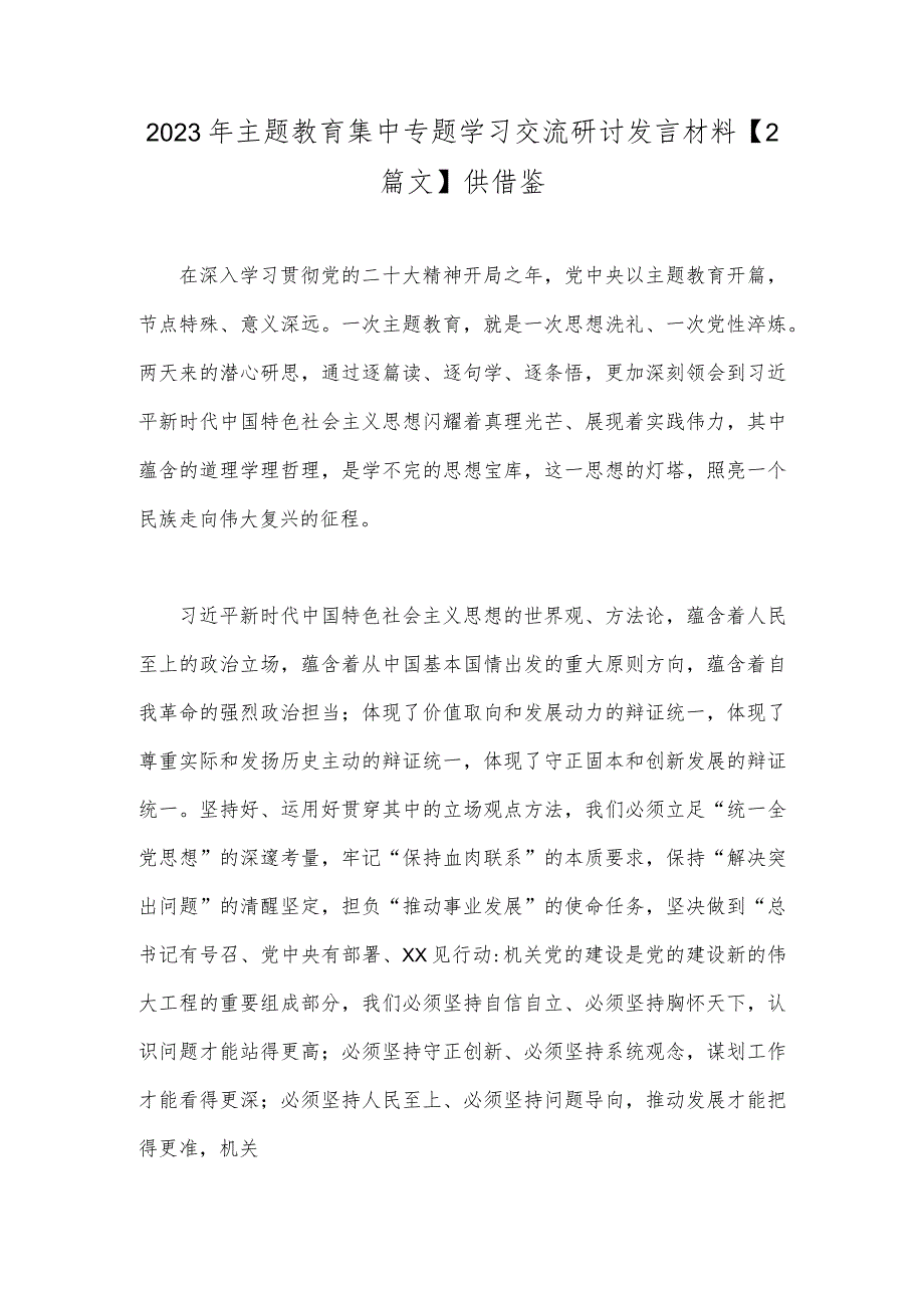 2023年主题教育集中专题学习交流研讨发言材料【2篇文】供借鉴.docx_第1页