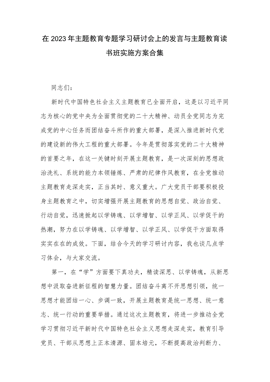 在2023年主题教育专题学习研讨会上的发言与主题教育读书班实施方案合集.docx_第1页