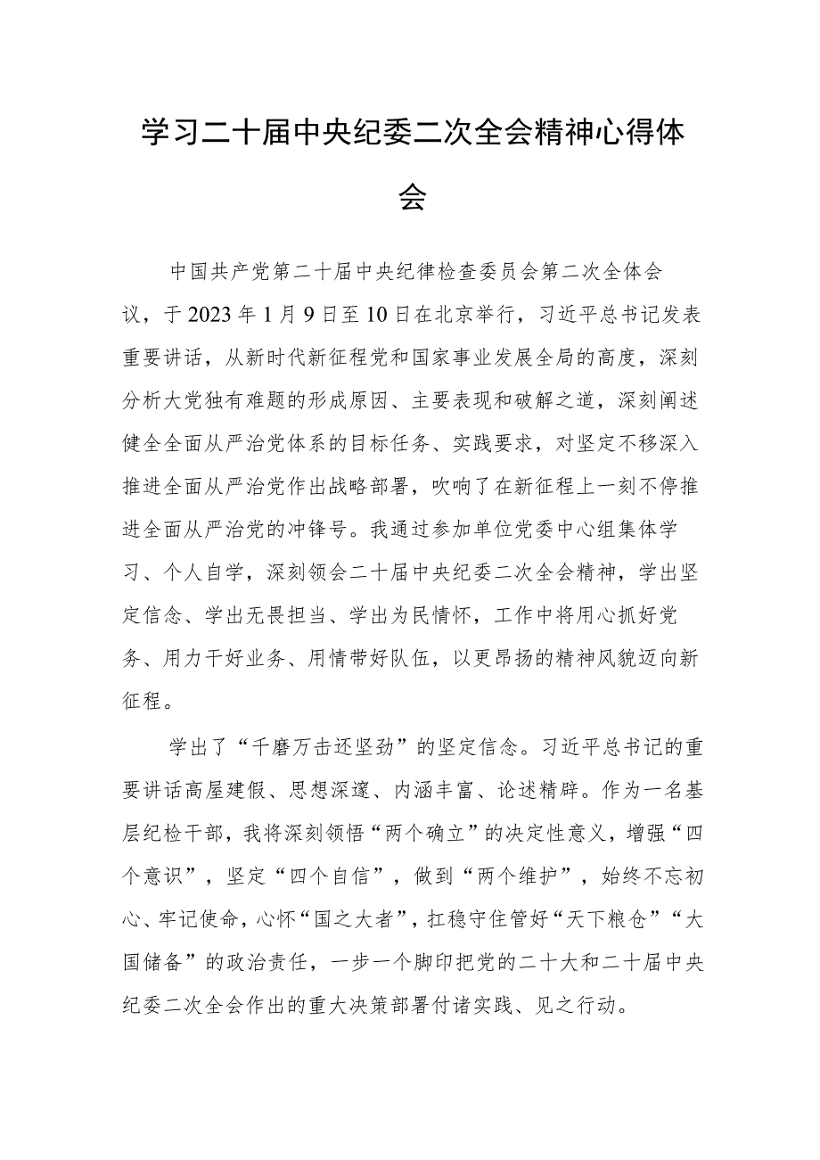 学习二十届中央纪委二次全会精神心得体会.docx_第1页