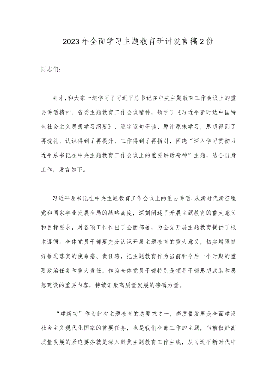 2023年全面学习主题教育研讨发言稿2份.docx_第1页