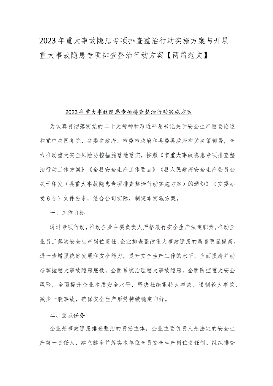 2023年重大事故隐患专项排查整治行动实施方案与开展重大事故隐患专项排查整治行动方案【两篇范文】.docx_第1页