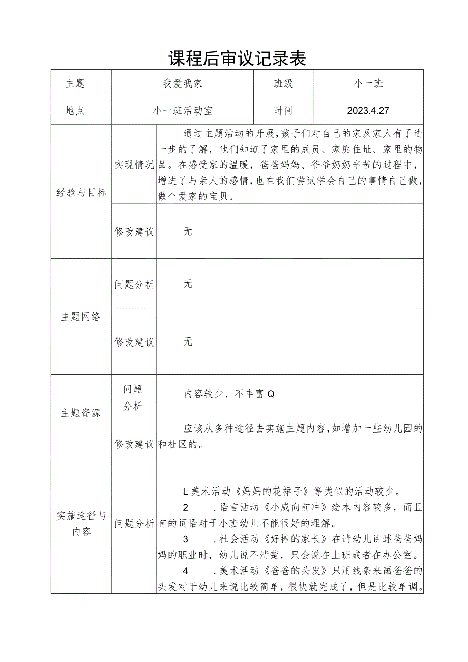 “我爱我家” 课程后审议记录表.docx_第1页