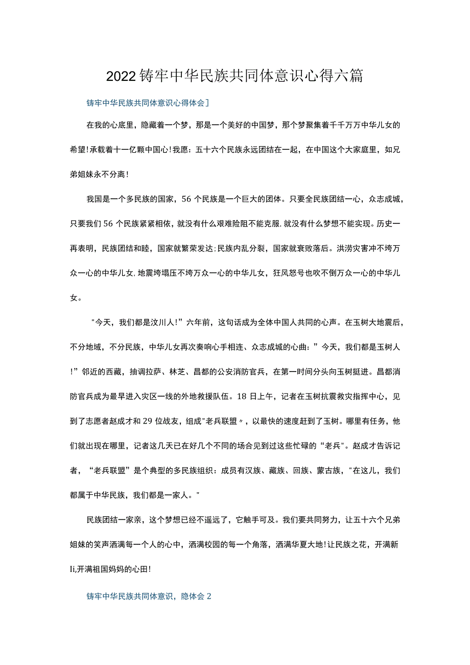 2022铸牢中华民族共同体意识心得六篇.docx_第1页