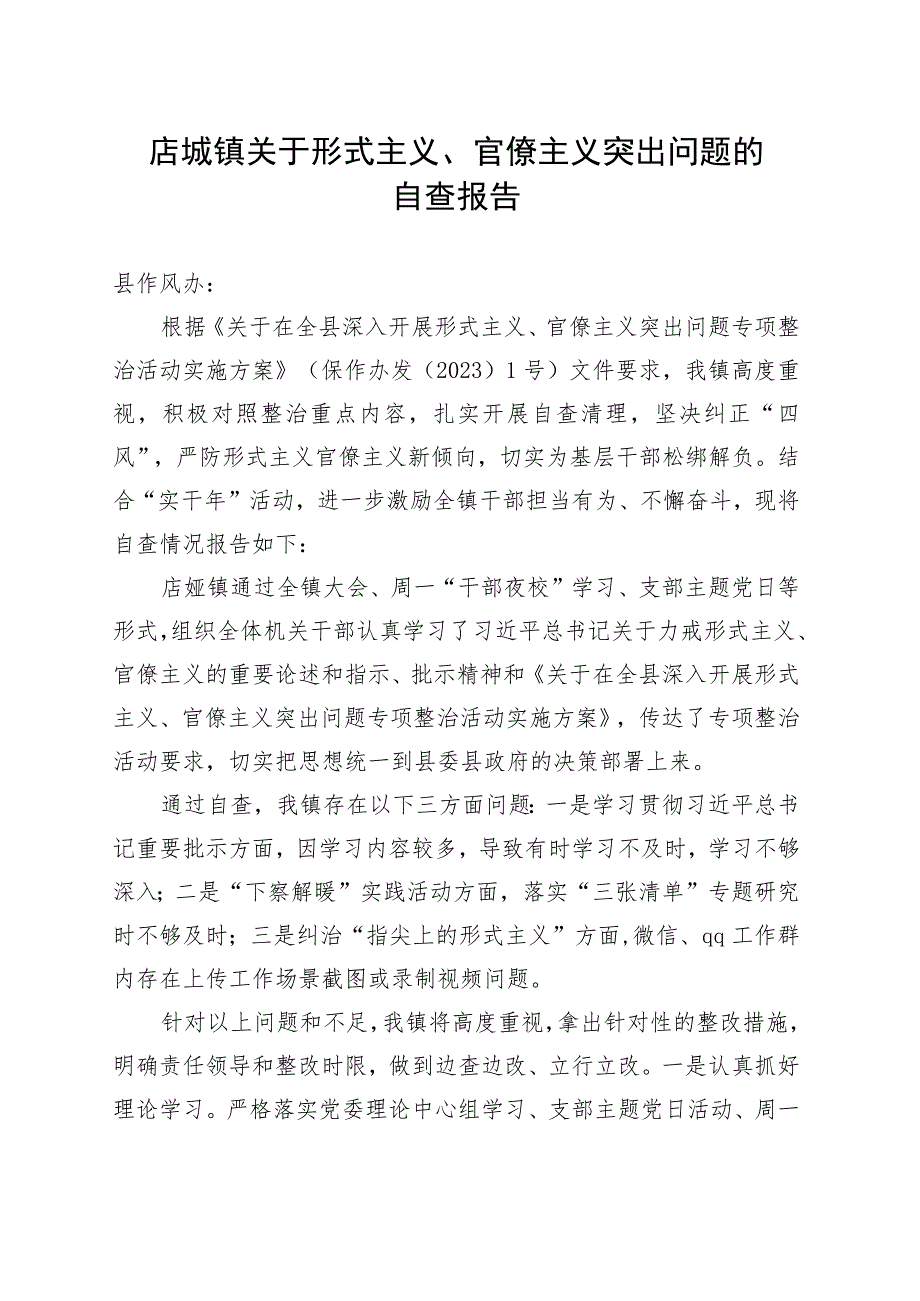 店垭镇镇关于形式主义、官僚主义问题的自查报告.docx_第1页