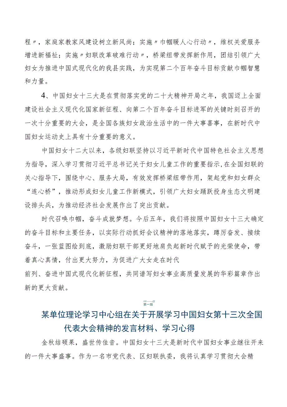 共七篇2023年第十三次中国妇女代表大会的交流发言材料、学习心得.docx_第3页