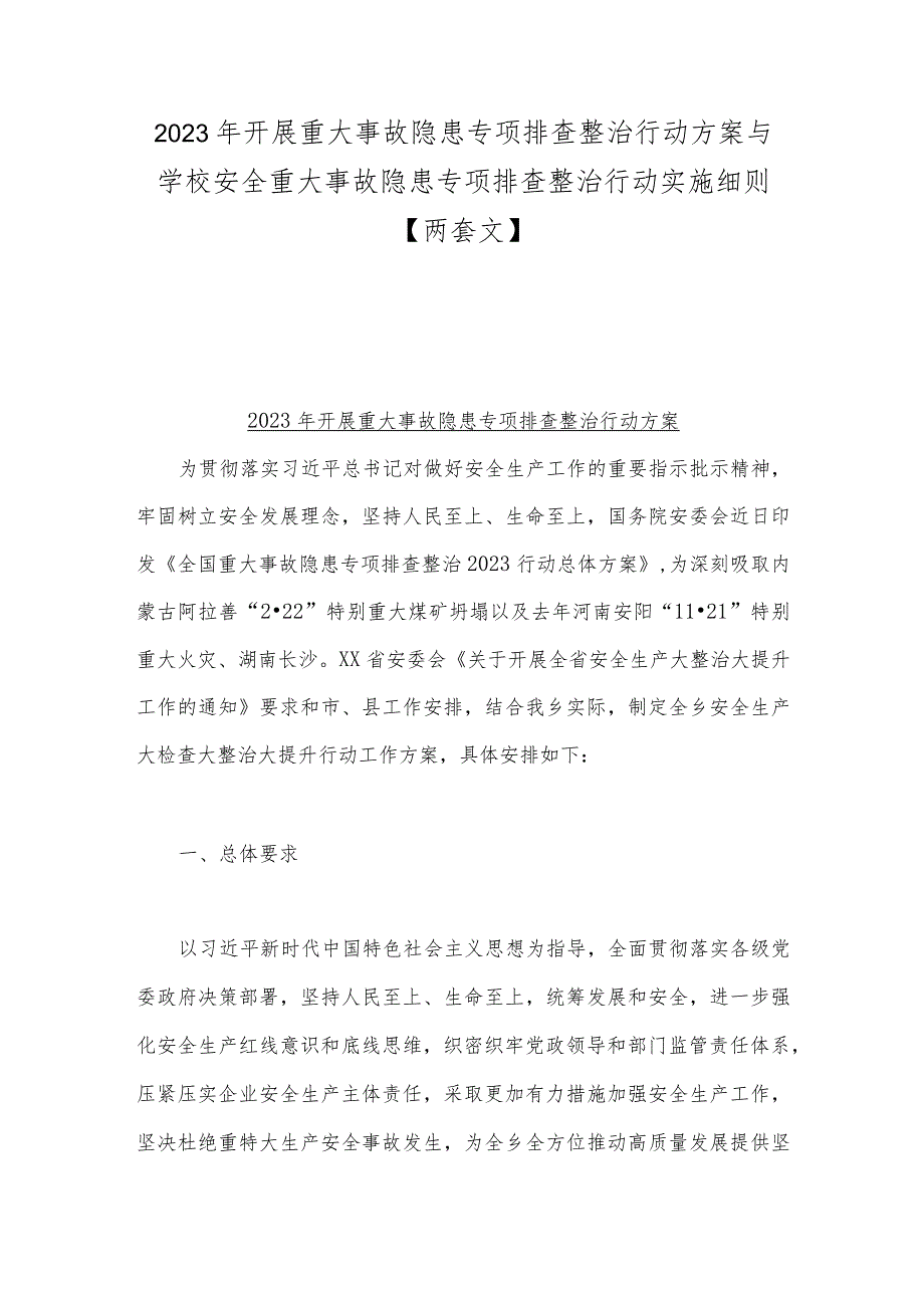 2023年开展重大事故隐患专项排查整治行动方案与学校安全重大事故隐患专项排查整治行动实施细则【两套文】.docx_第1页