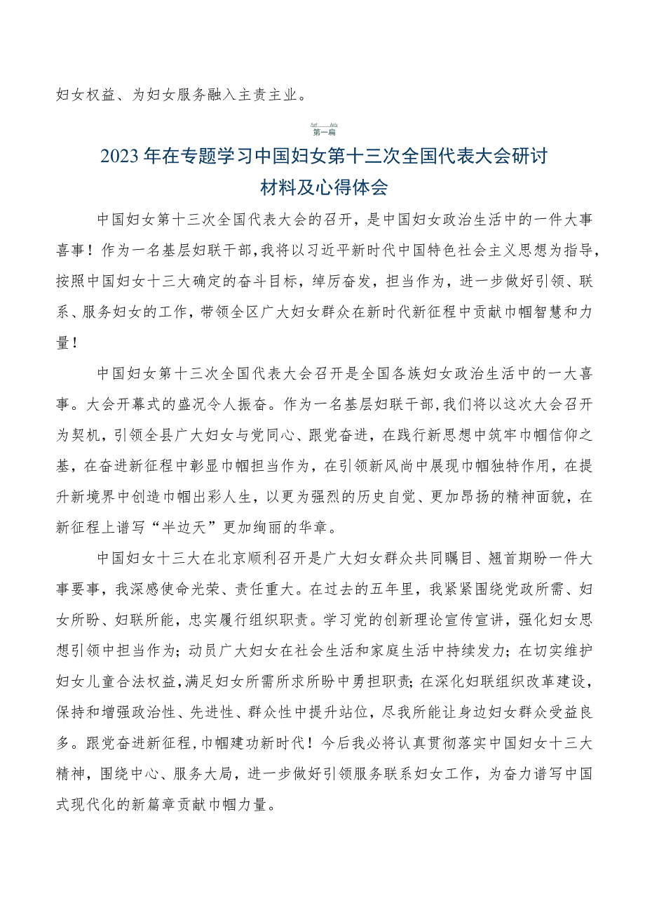 2023年第十三次中国妇女代表大会交流发言稿及心得体会七篇.docx_第2页