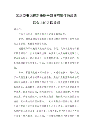 某纪委书记在新任职干部任前集体廉政谈话会上的讲话提纲.docx