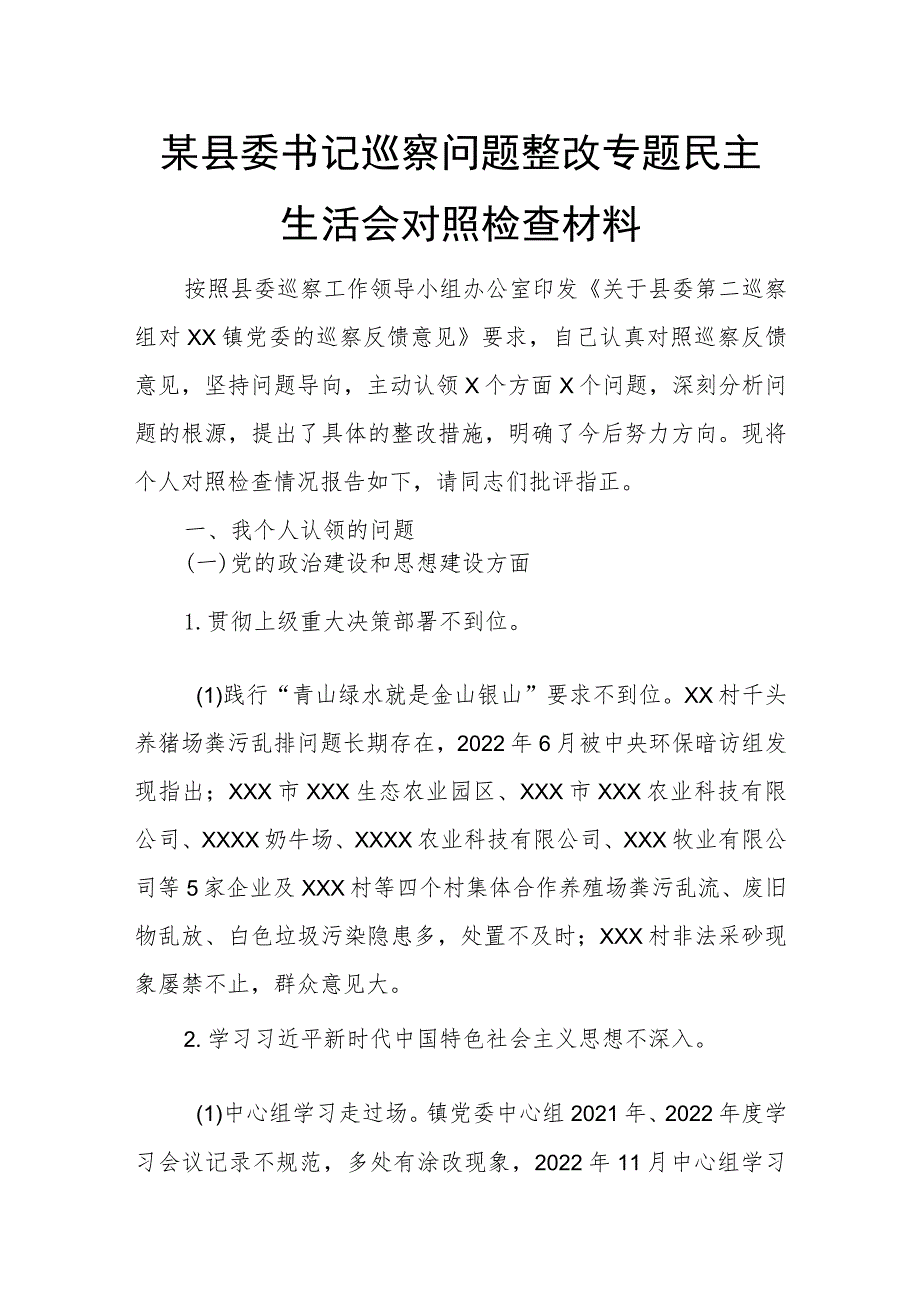 某县委书记巡察问题整改专题民主生活会对照检查材料.docx_第1页