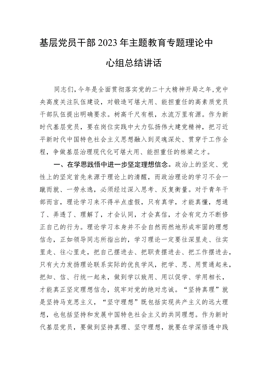 基层党员干部2023年主题教育专题理论中心组总结讲话发言.docx_第1页