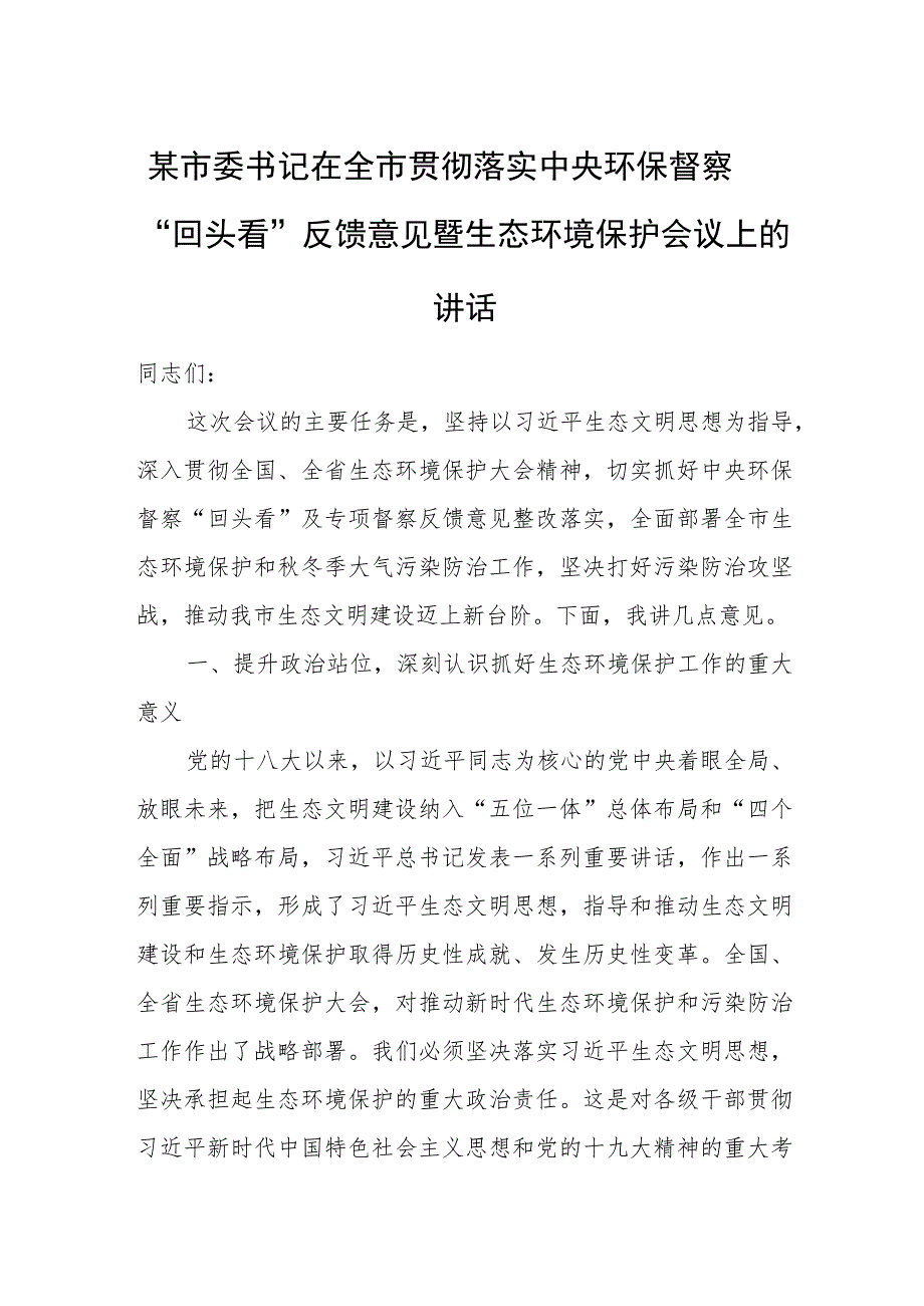 某市委书记在全市贯彻落实中央环保督察“回头看”反馈意见暨生态环境保护会议上的讲话.docx_第1页