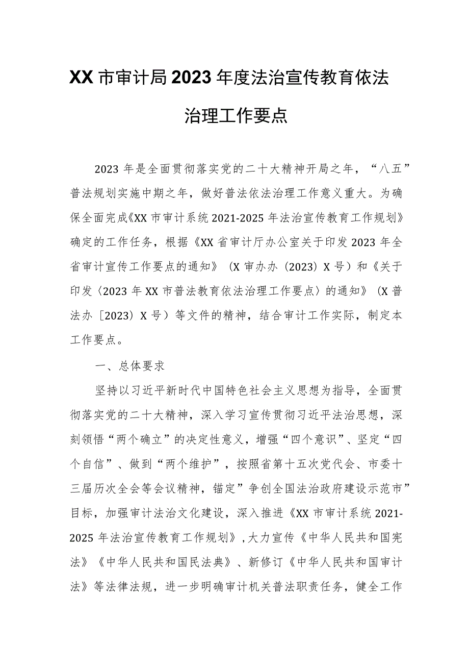 XX市审计局2023年度法治宣传教育依法治理工作要点.docx_第1页