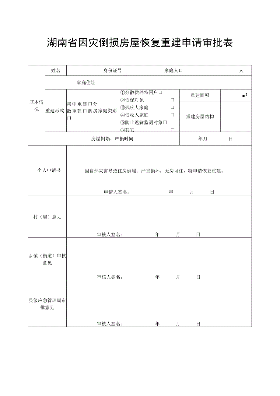 湖南省因灾倒损房屋恢复重建申请审批表.docx_第1页