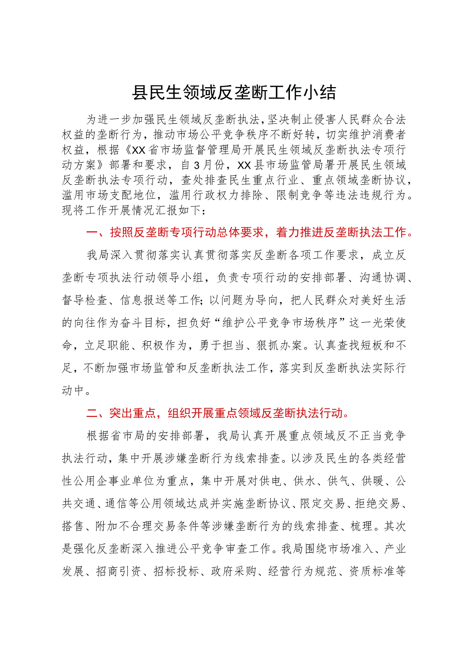 县市场监管局民生领域反垄断执法专项行动工作情况报告.docx_第1页