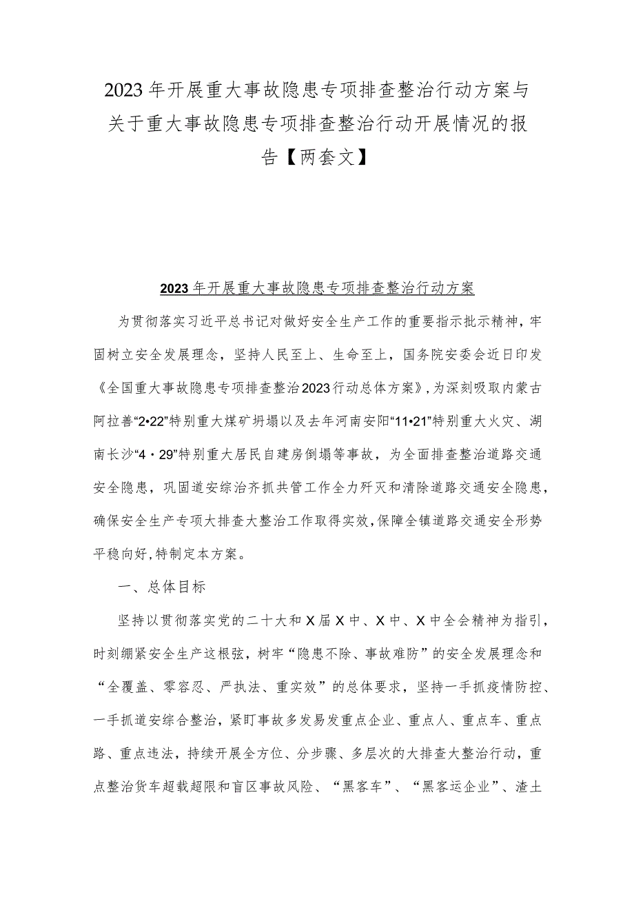 2023年开展重大事故隐患专项排查整治行动方案与关于重大事故隐患专项排查整治行动开展情况的报告【两套文】.docx_第1页